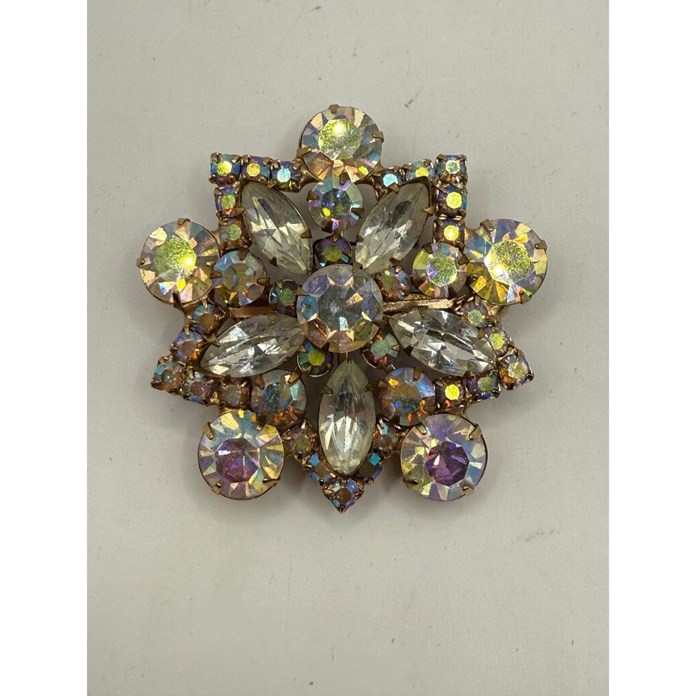 VTG Silver Tone Rhinestone Aurora Borealis Brooch Pin 2" Round